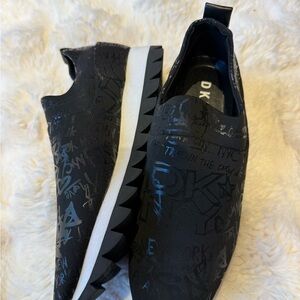 DKNY Black Graphic Slip-On Sneakers with White-Sole Accent